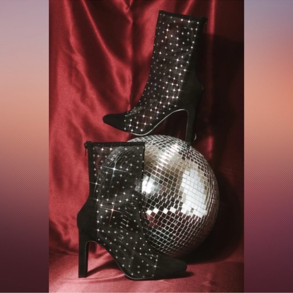 NIB Lulu’s Black Suede Rhinestone Mesh Mid-Calf Boots 6.5